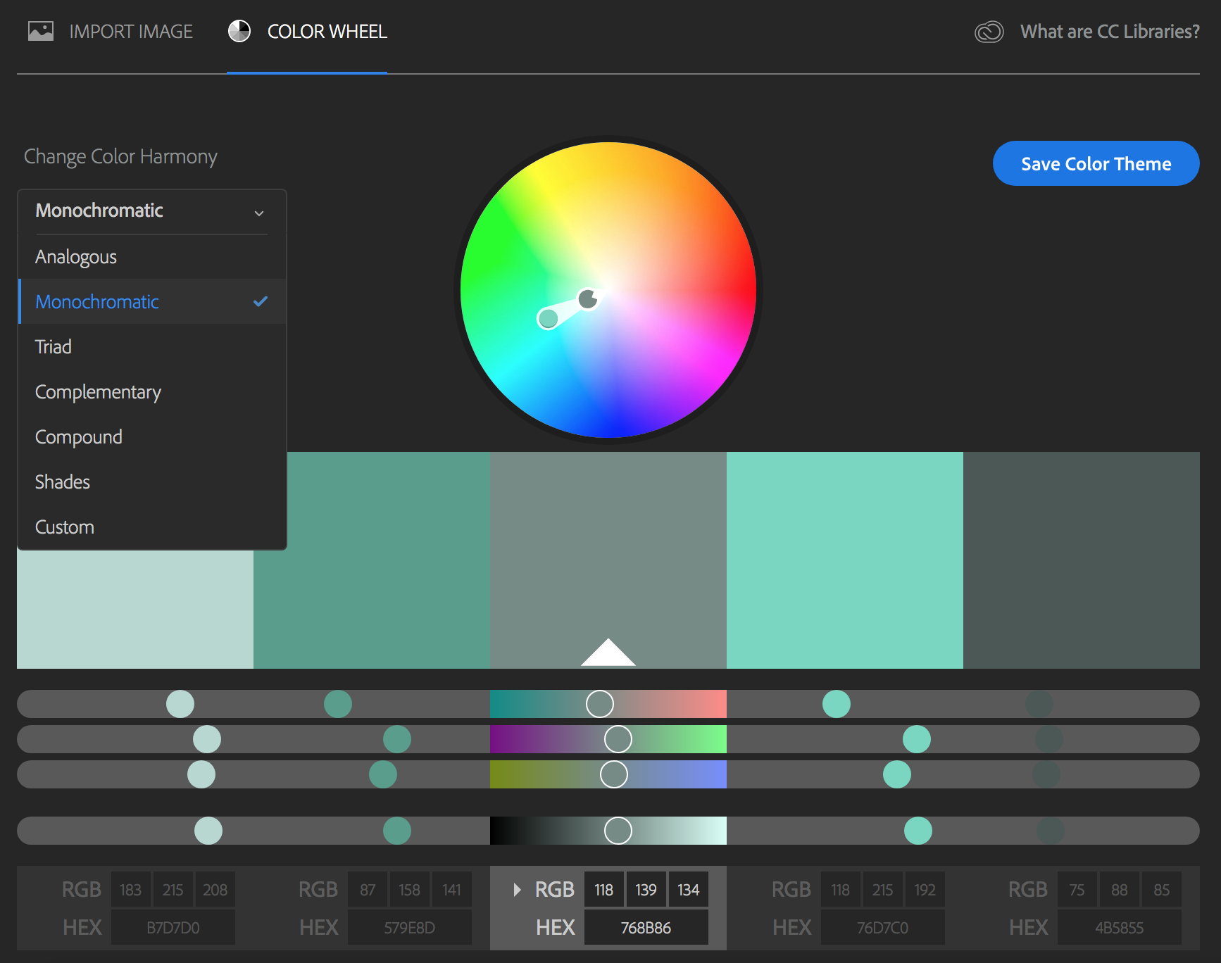 Adobe Color Selector color palette with base color